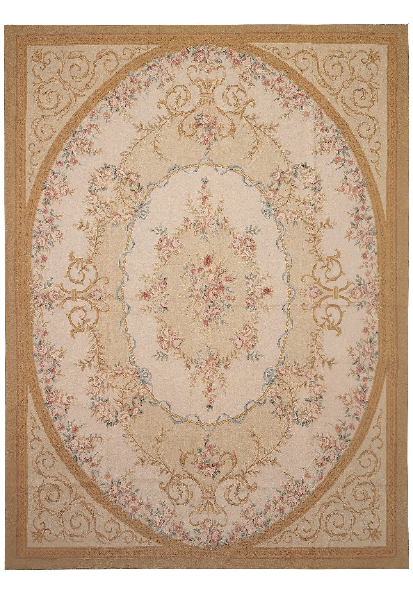 9 x 12 17th-century French Aubusson flat-weave wool rug in multi-color floral, top view