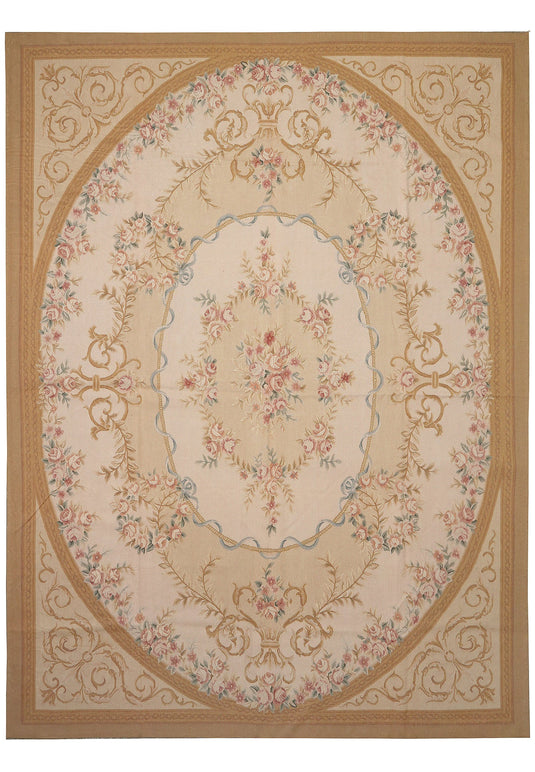 9 x 12 17th-century French Aubusson flat-weave wool rug in multi-color floral, top view