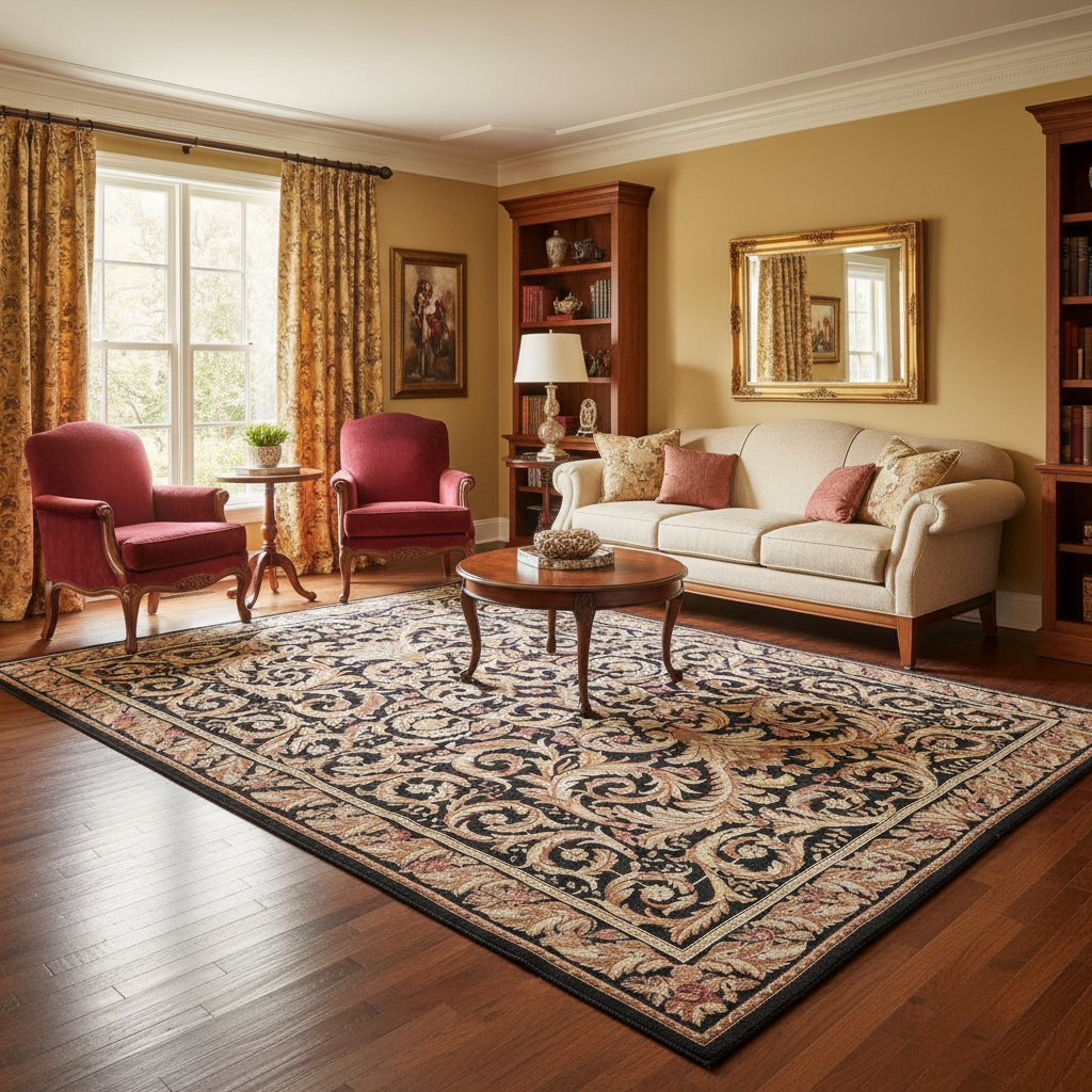 Black Aubusson rug, central floral medallion close-up in ivory and sage