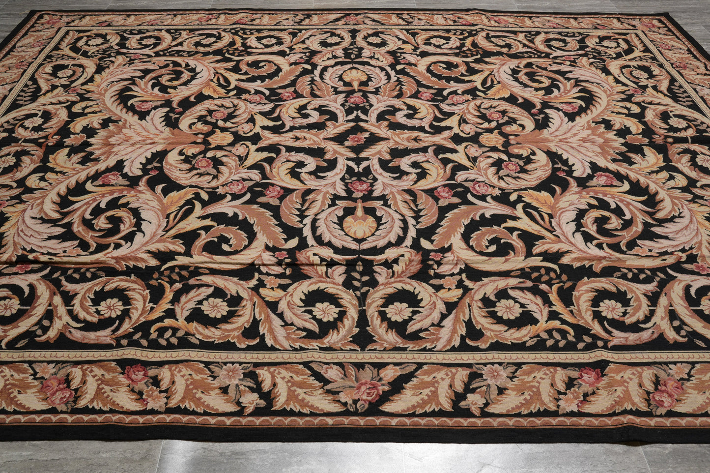 Black Aubusson rug, French floral border detail