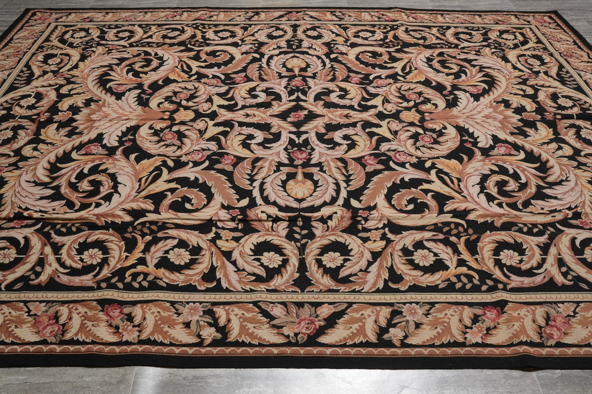 Black Aubusson rug, French floral border detail