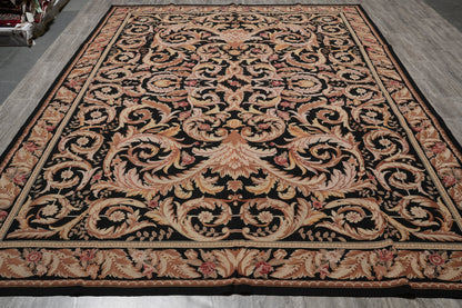 Black Aubusson rug, corner motif with curvilinear arabesques on black field