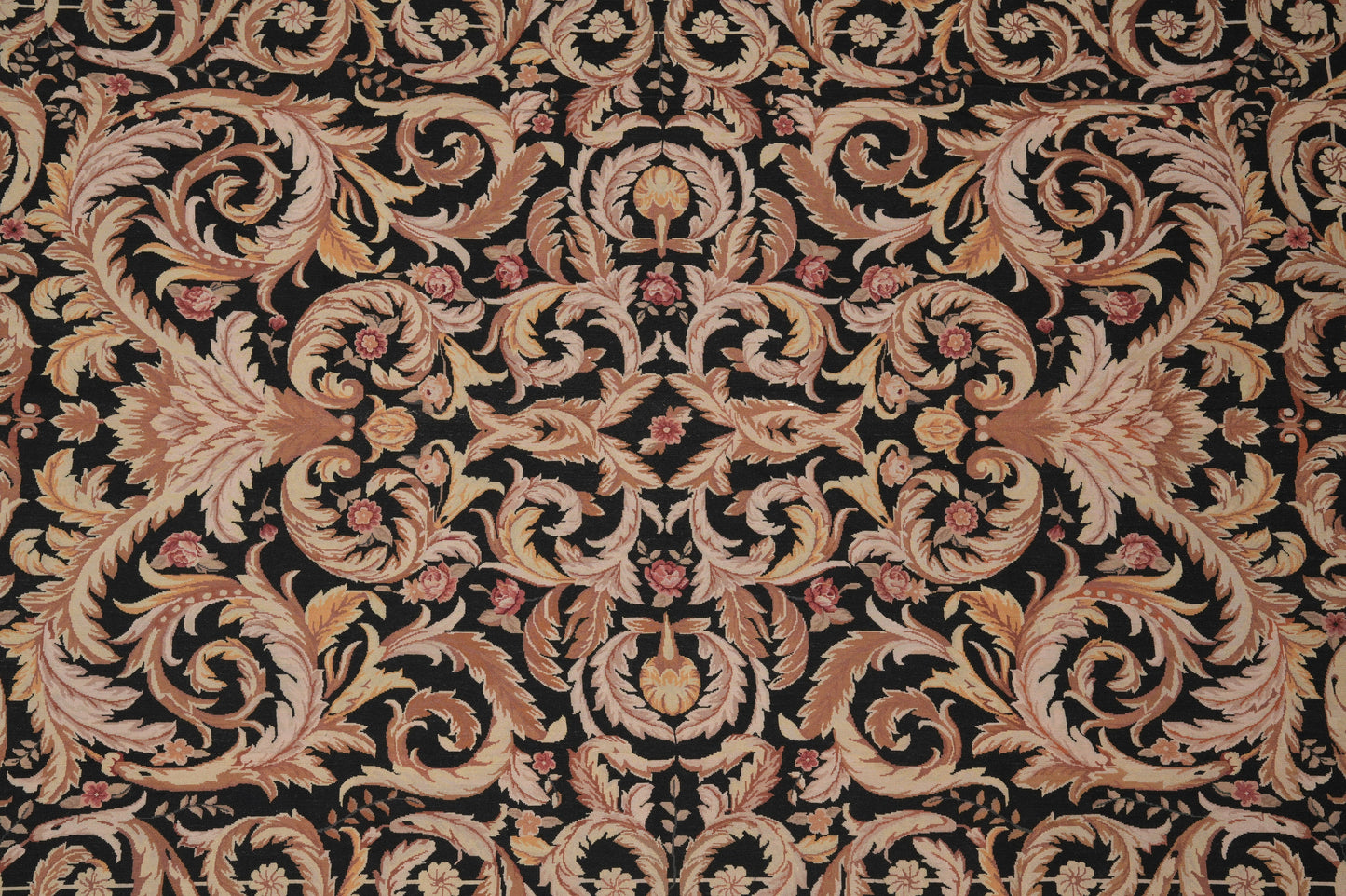 Black Aubusson rug, secondary floral motif close-up