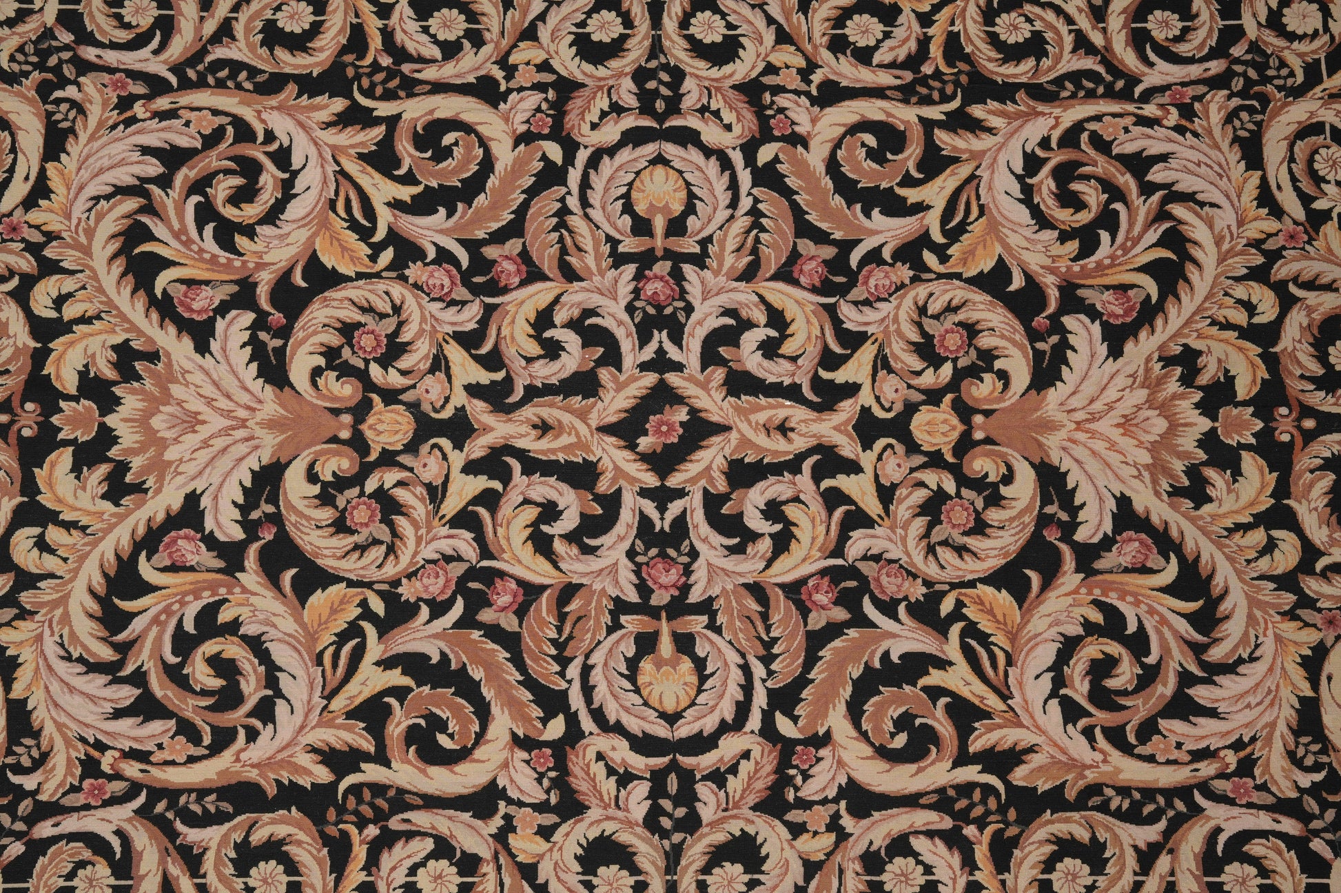 Black Aubusson rug, secondary floral motif close-up