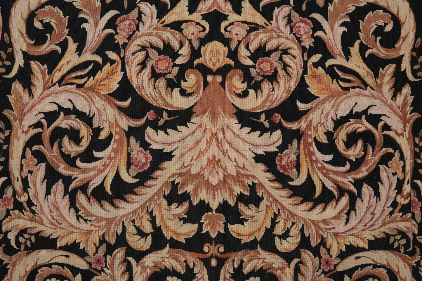Black Aubusson rug, color balance close-up of black field with ivory accents