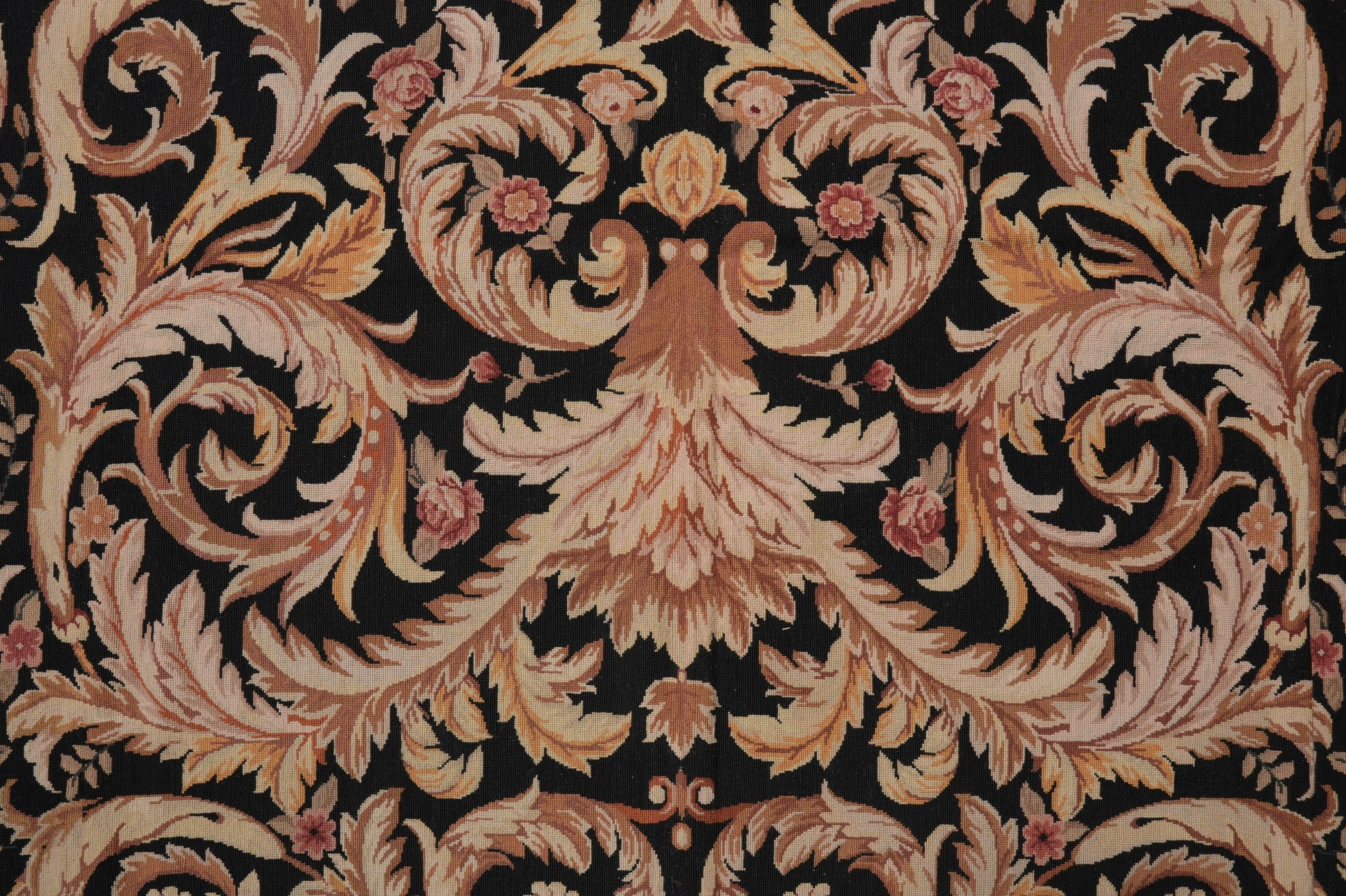 Black Aubusson rug, color balance close-up of black field with ivory accents