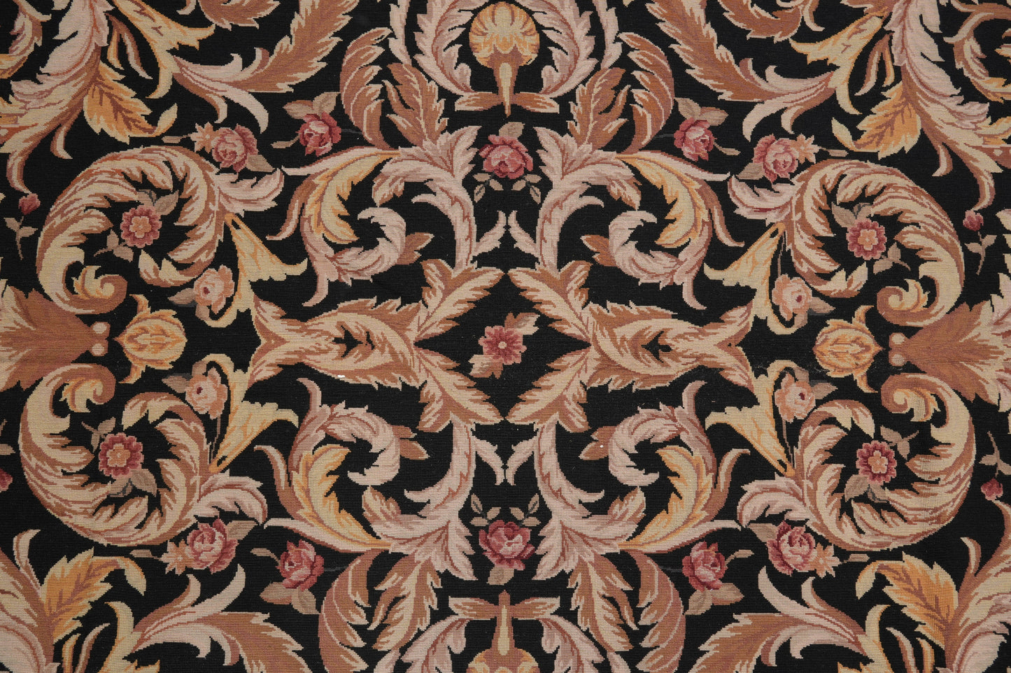 Black Aubusson rug, alternate corner showing floral continuity