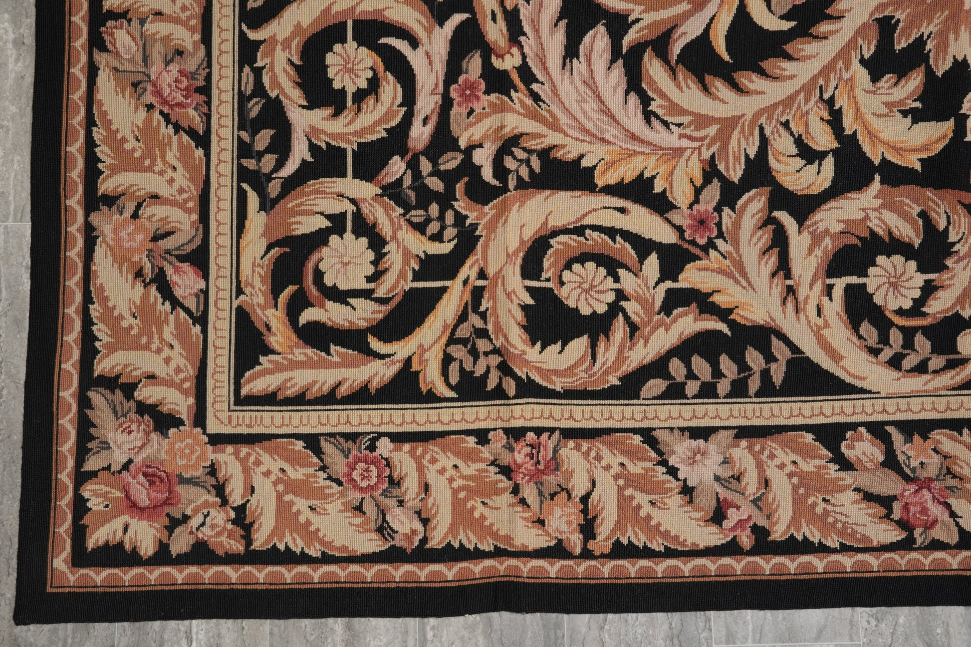 Black Aubusson rug, fourth floral cluster detail