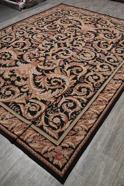 Black Aubusson rug, edge and selvedge close-up