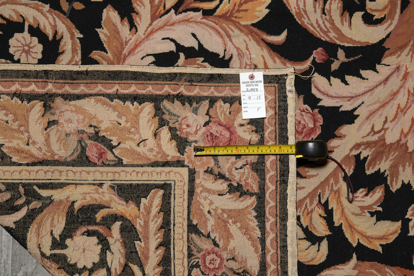 Black Aubusson rug, alternate angle showing full layout