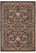 9 x 12 French Aubusson flat-weave wool rug in black with ivory floral, top view