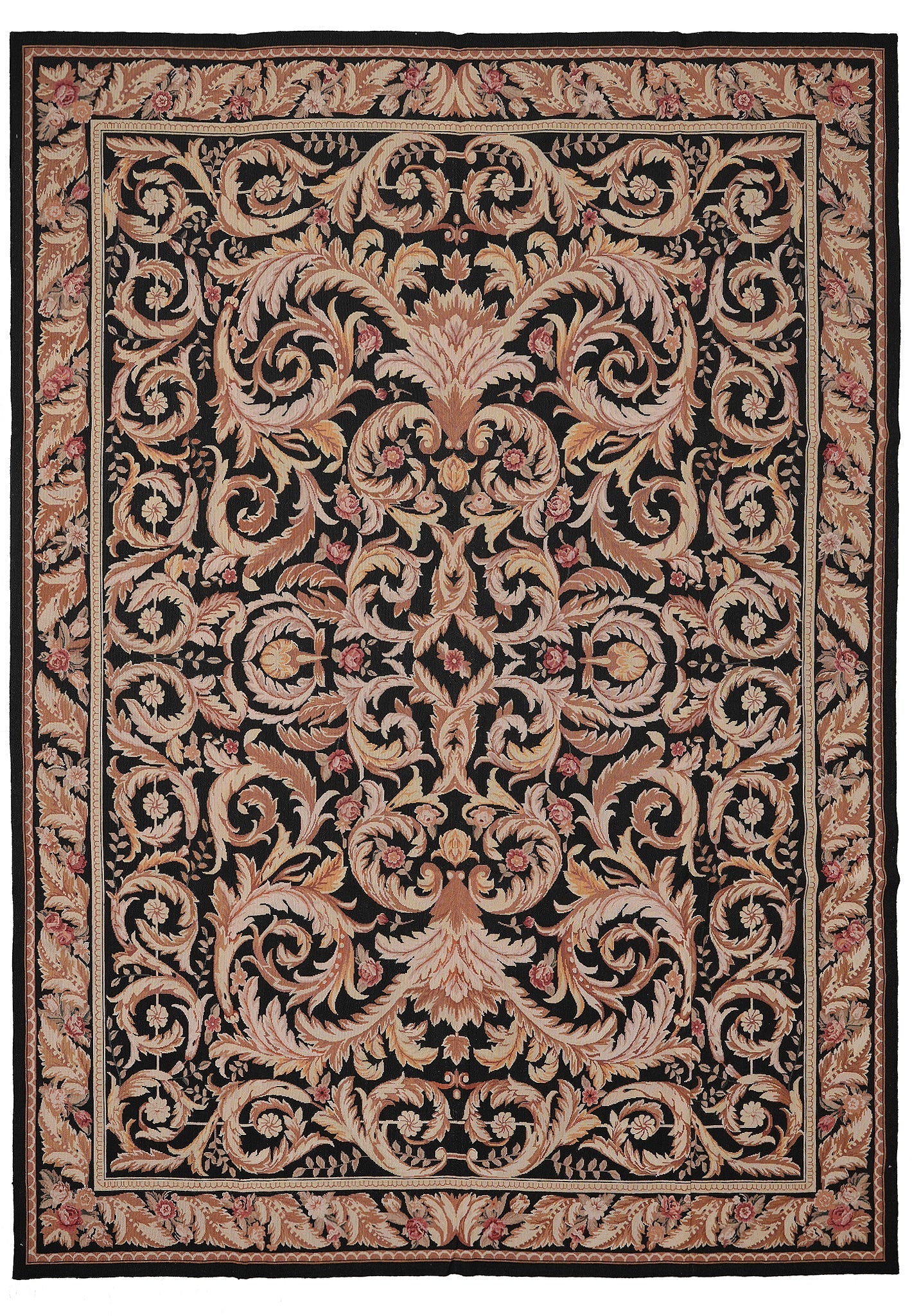 9 x 12 French Aubusson flat-weave wool rug in black with ivory floral, top view