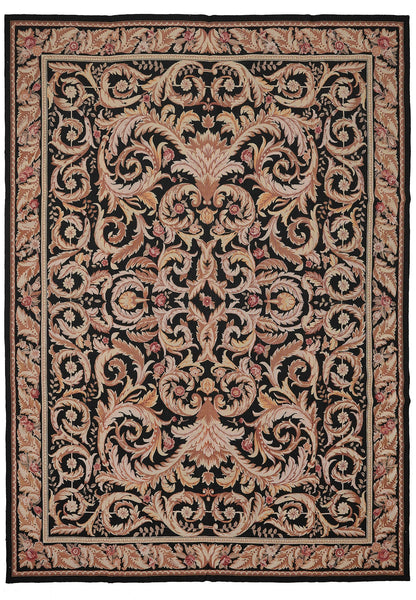 9 x 12 French Aubusson flat-weave wool rug in black with ivory floral, top view