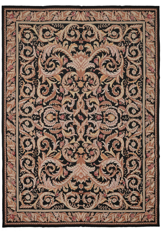 9 x 12 French Aubusson flat-weave wool rug in black with ivory floral, top view