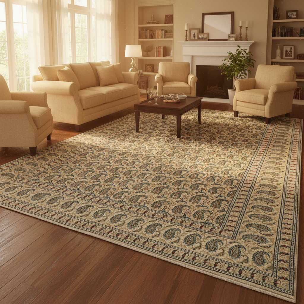 1970s paisley Kashan-style rug, central medallion close-up in ivory and red