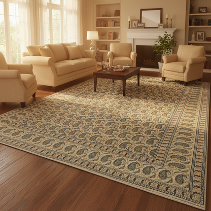 1970s paisley Kashan-style rug, central medallion close-up in ivory and red