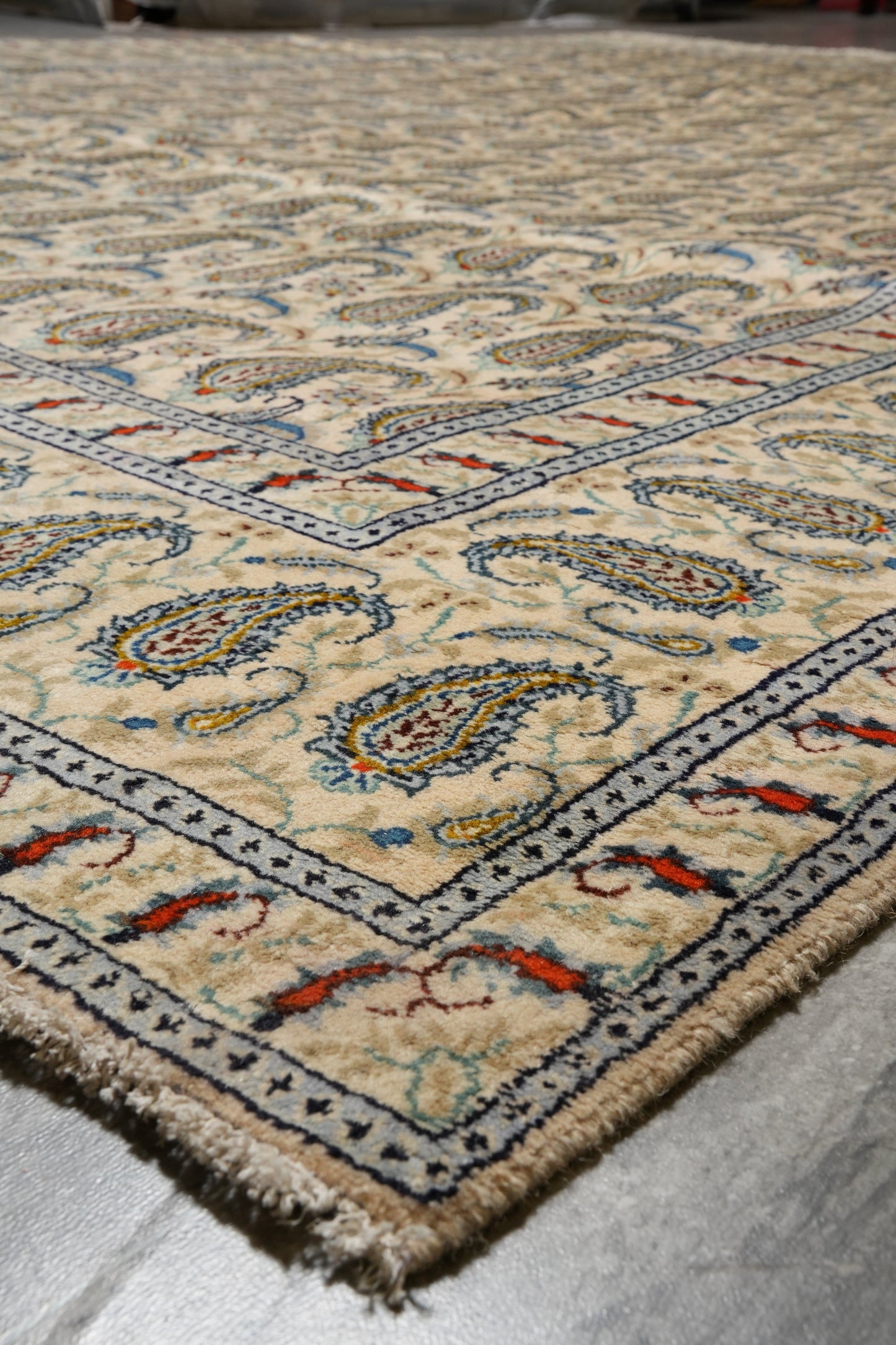 1970s paisley Kashan-style rug, pile texture showing aged wool patina