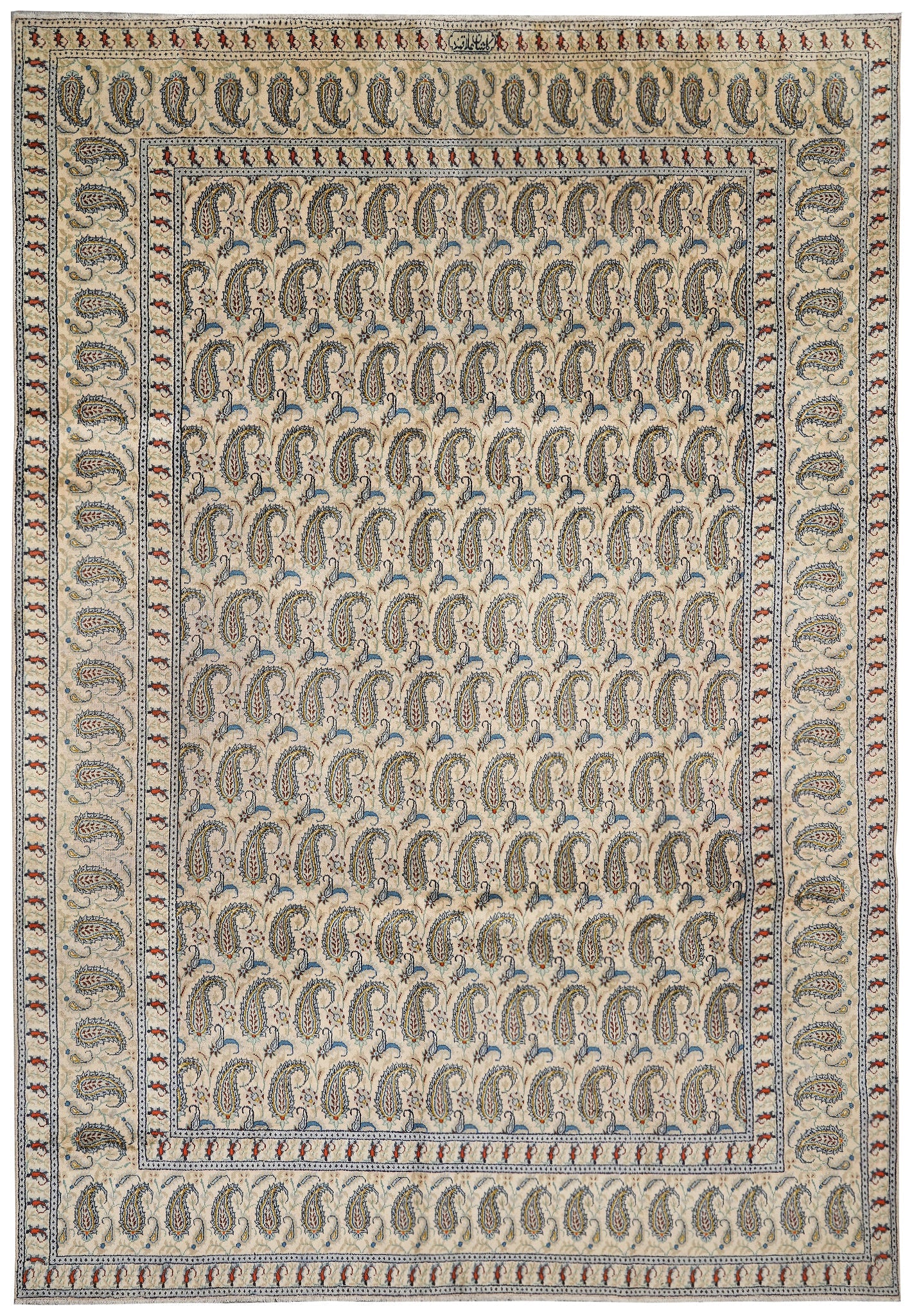 9 x 12 vintage 1970s paisley Kashan-style hand-knotted wool rug in navy, top view
