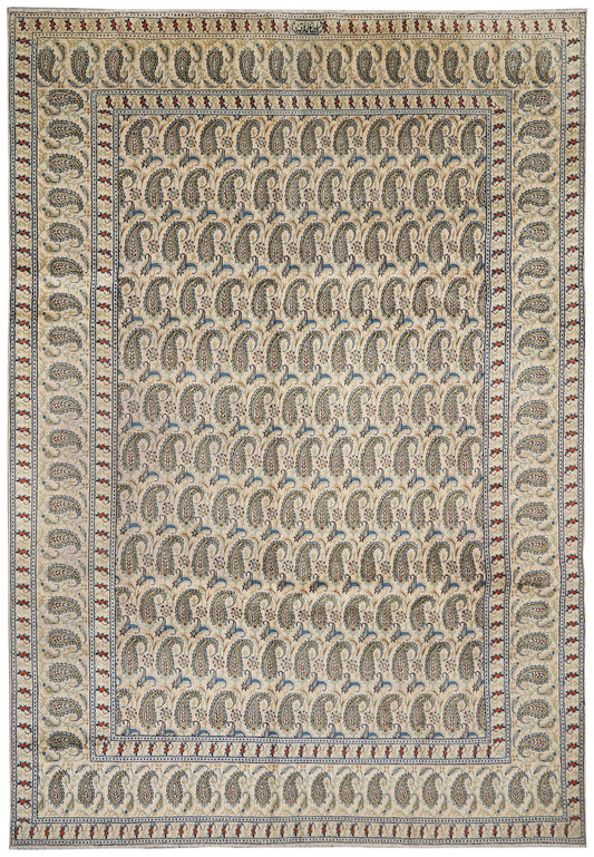 9 x 12 vintage 1970s paisley Kashan-style hand-knotted wool rug in navy, top view