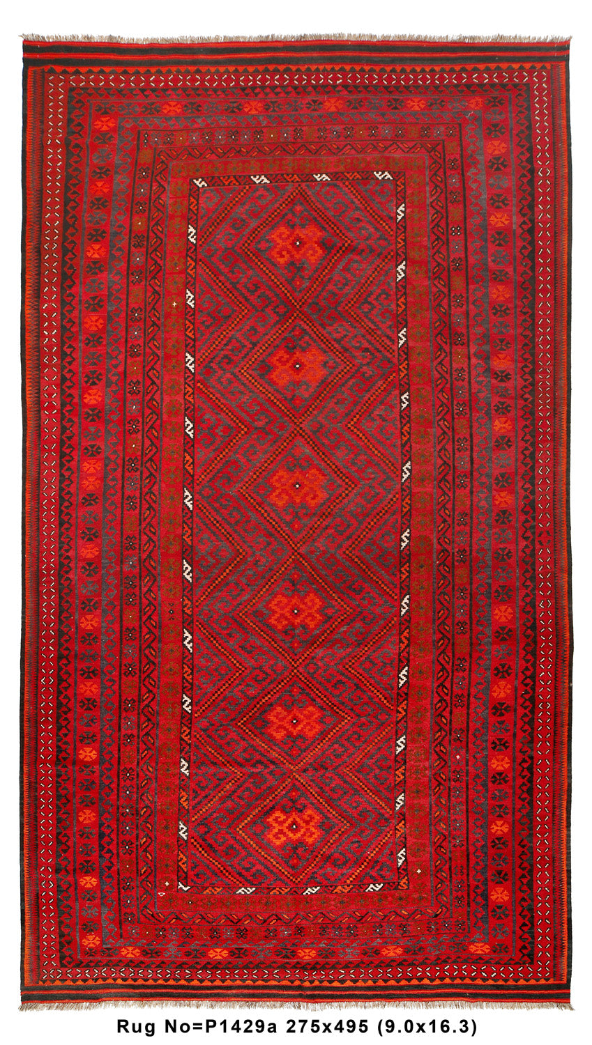 9 x 16.3 oversize Afghan Kilim flat-weave wool rug in multi-color, full length top view