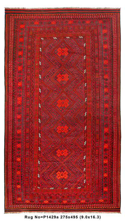 9 x 16.3 oversize Afghan Kilim flat-weave wool rug in multi-color, full length top view