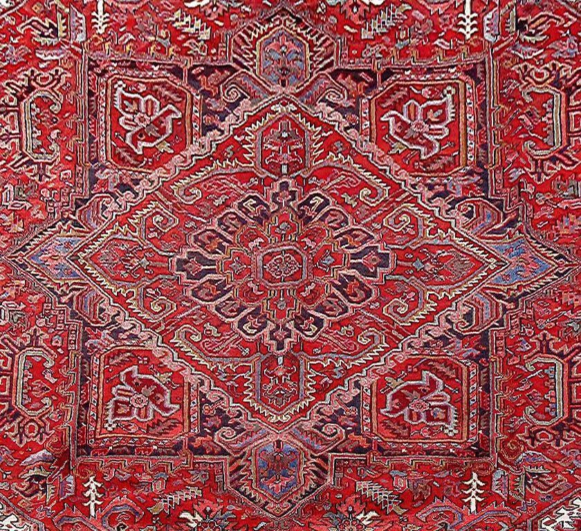 9 x 13 Heriz-style hand-knotted wool rug, pile detail showing wool texture