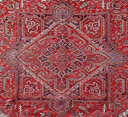 9 x 13 Heriz-style hand-knotted wool rug, pile detail showing wool texture